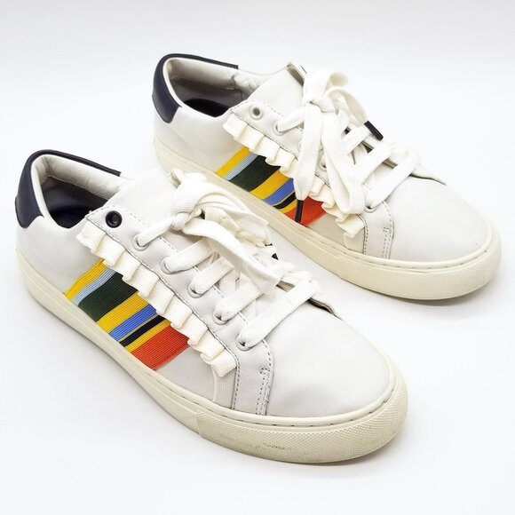Tory Burch Sport Ruffled Rainbow Striped Leather Sneakers Size 9.5 Preppy $228 - Picture 3 of 16